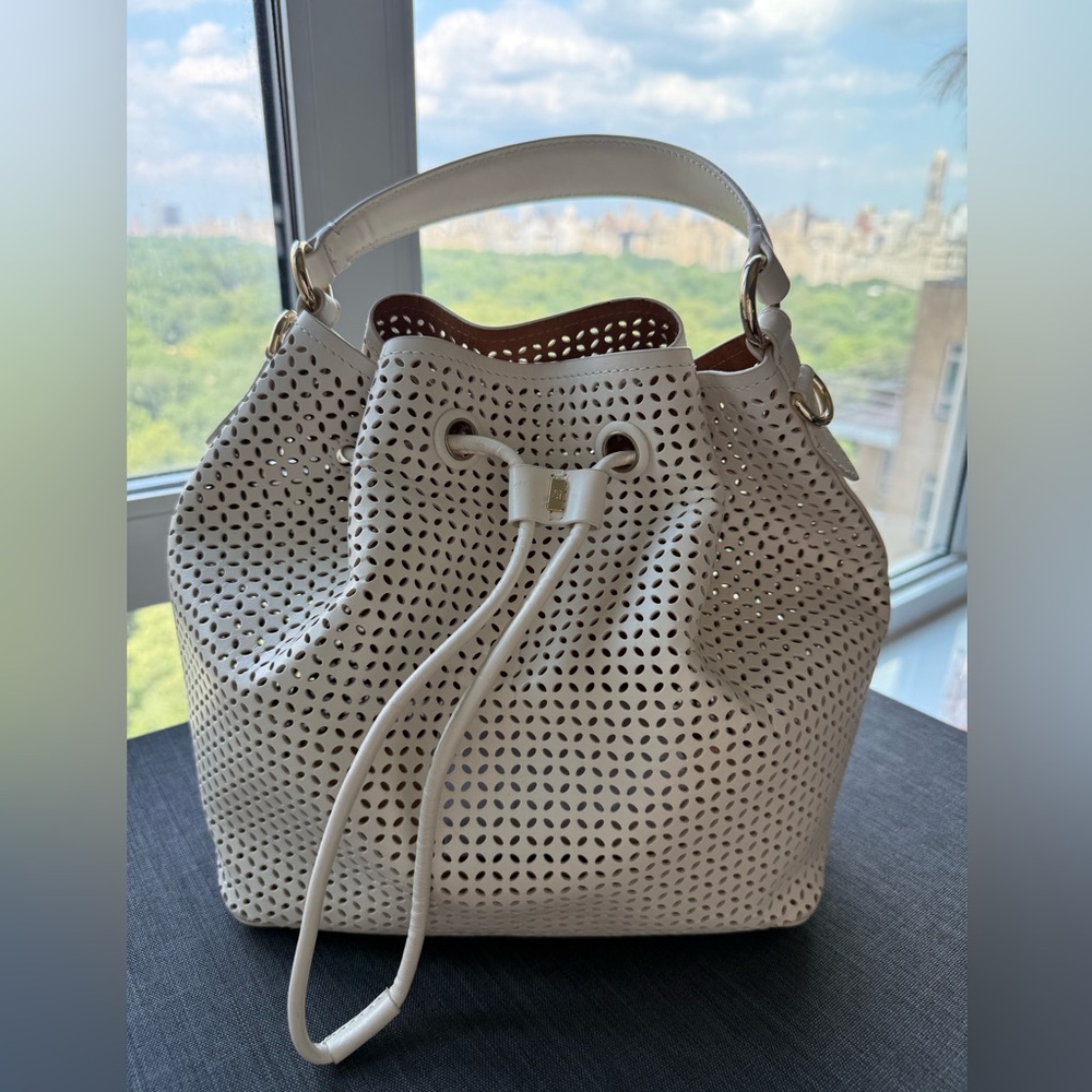 Elegant White Perforated Bucket Bag